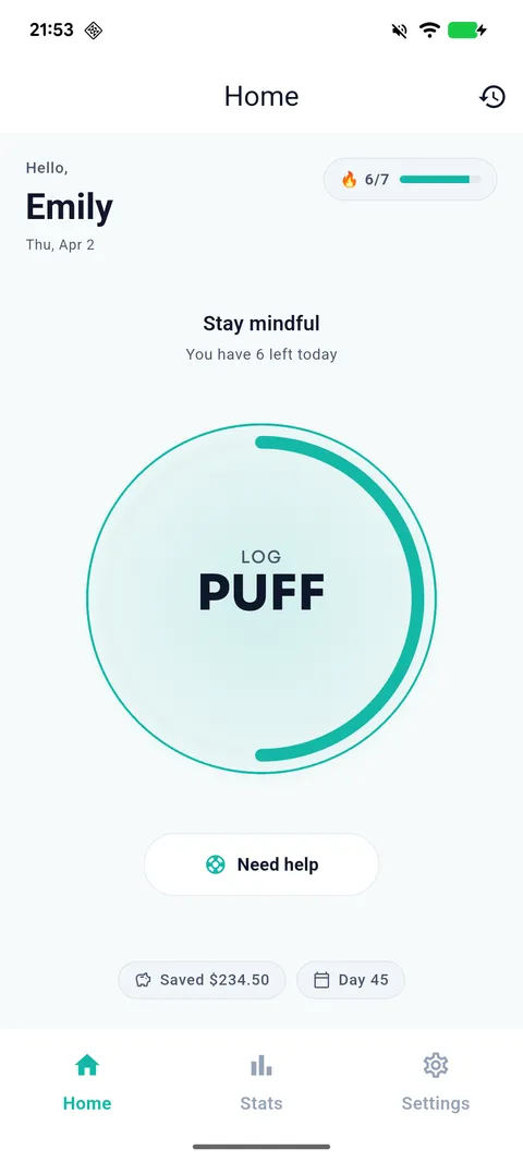 LessPuffs app - Daily target view